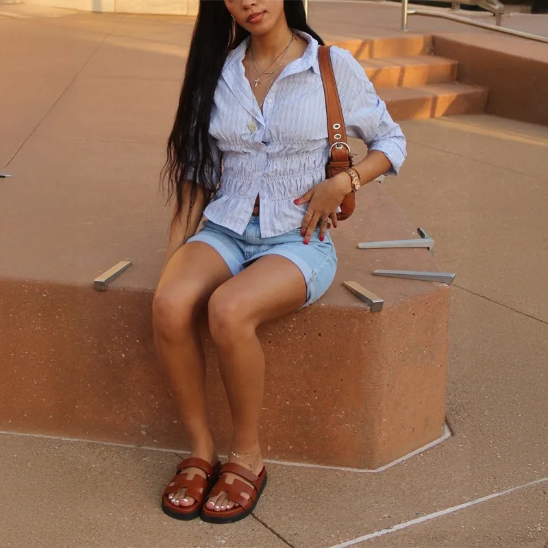 

Spring and Autumn Y2K Striped Button Single Breasted Shirt Top Women's Waist Pleated Long Sleeve Top