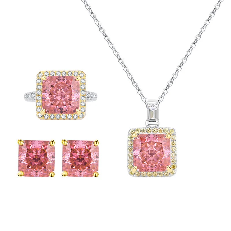 

Gica Gema Luxury 925 Sterling Silver Crushed Ice Cut Pink Gemstone Ring/Necklace/Earrings Wedding Engagement Jewelry Sets 3Pcs