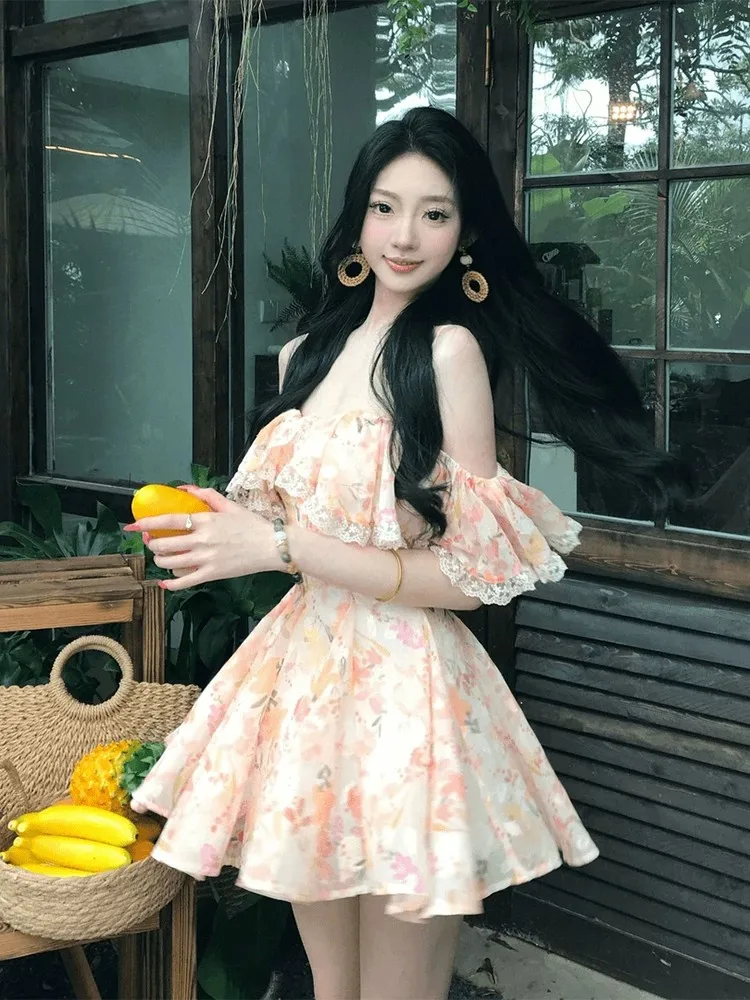 

Floral Print Off-Shoulder Short Dress Women's Summer Slimming A-Line Skirt Design High Waist French Style Casual Date Party