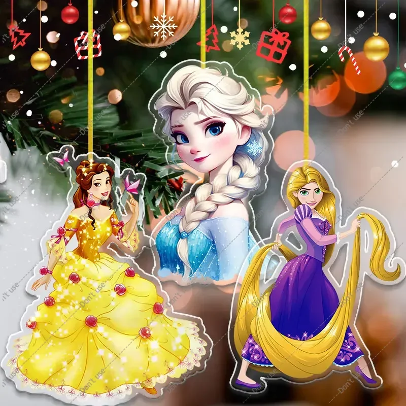 8cm Princess Elsa Cute Style Double Sided Transparent Acrylic Hanging Christmas Tree Golden Rope Belle Ariel Ornament Gift