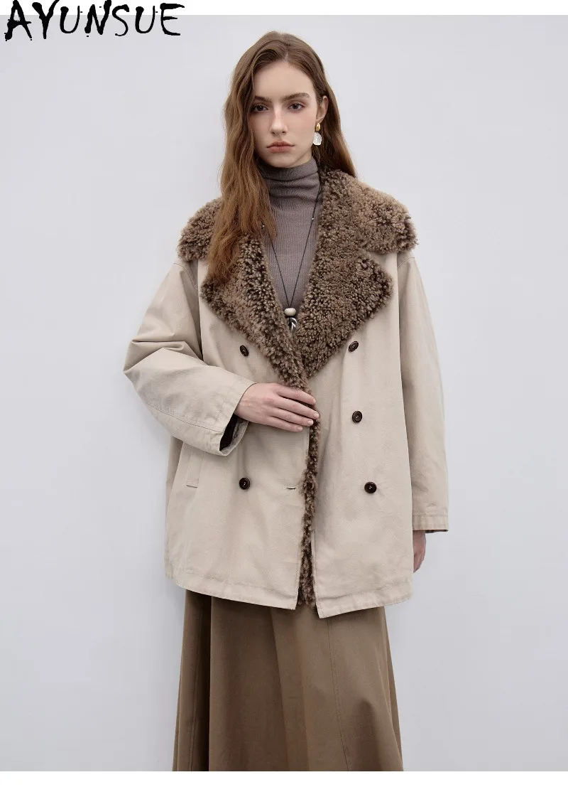 AYUNSUE Sheepskin Fur Integrated Large Lapel Collar Coat 90% White Goose Down Jacket Womens Loose Fit Clothes Куртка Женская