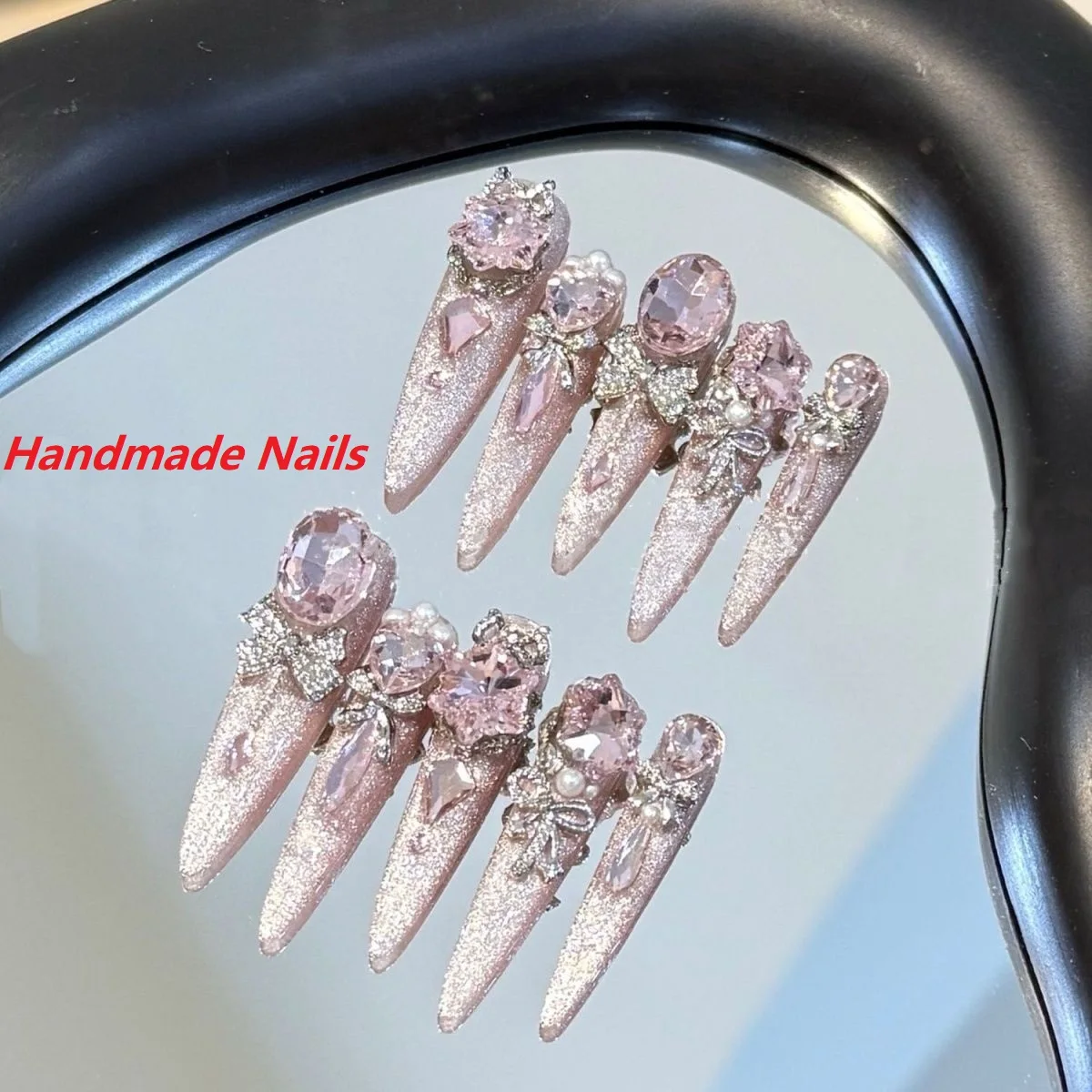 

Накладные ногти ручной работы, длинные, в форме шпильки, полностью закрывающие ногти, 3D, с блестящими стразами, бантом, жемчугом, цветами, накладные ногти, которые можно носить, ручная работа