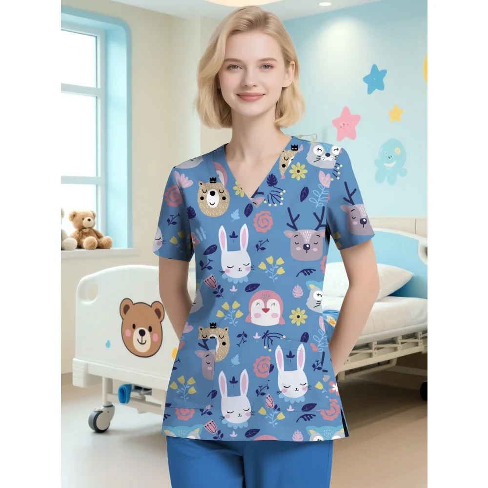 イースター女性用ソフトで通気性のあるVネックスクラブトップ、バニー柄半袖、看護師ファッション、快適な獣医臨床ユニフォーム女性用