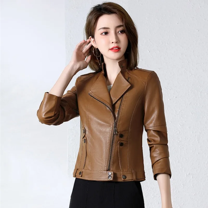 2023 Autumn Winter New Women Fashion Short Leather Female Temperament Slim Fit Large Size PU Leather Jacket Retro Casual Outwear