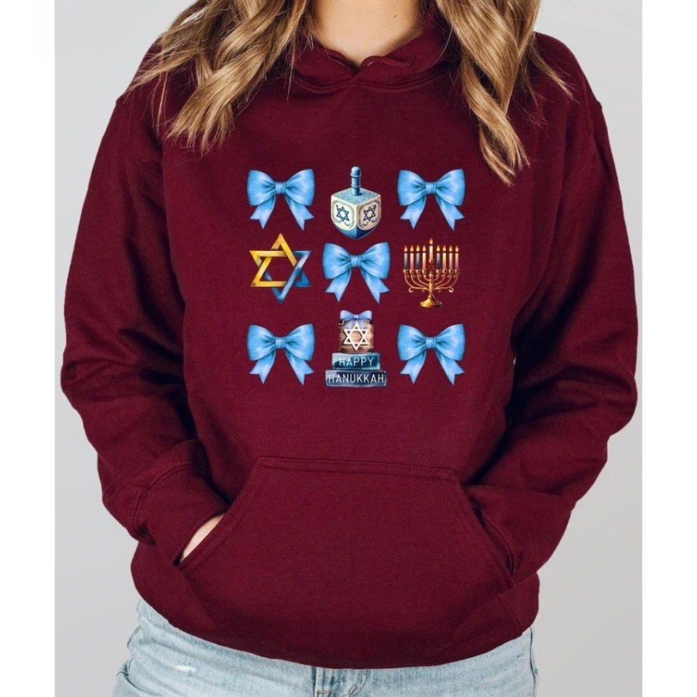 해피 하누카 스웨트셔츠 하누카 디너 후디 재미있는 유대인 가족 스웨트셔츠 드롭 숄더 트랙수트 여성 겨울 풀오버