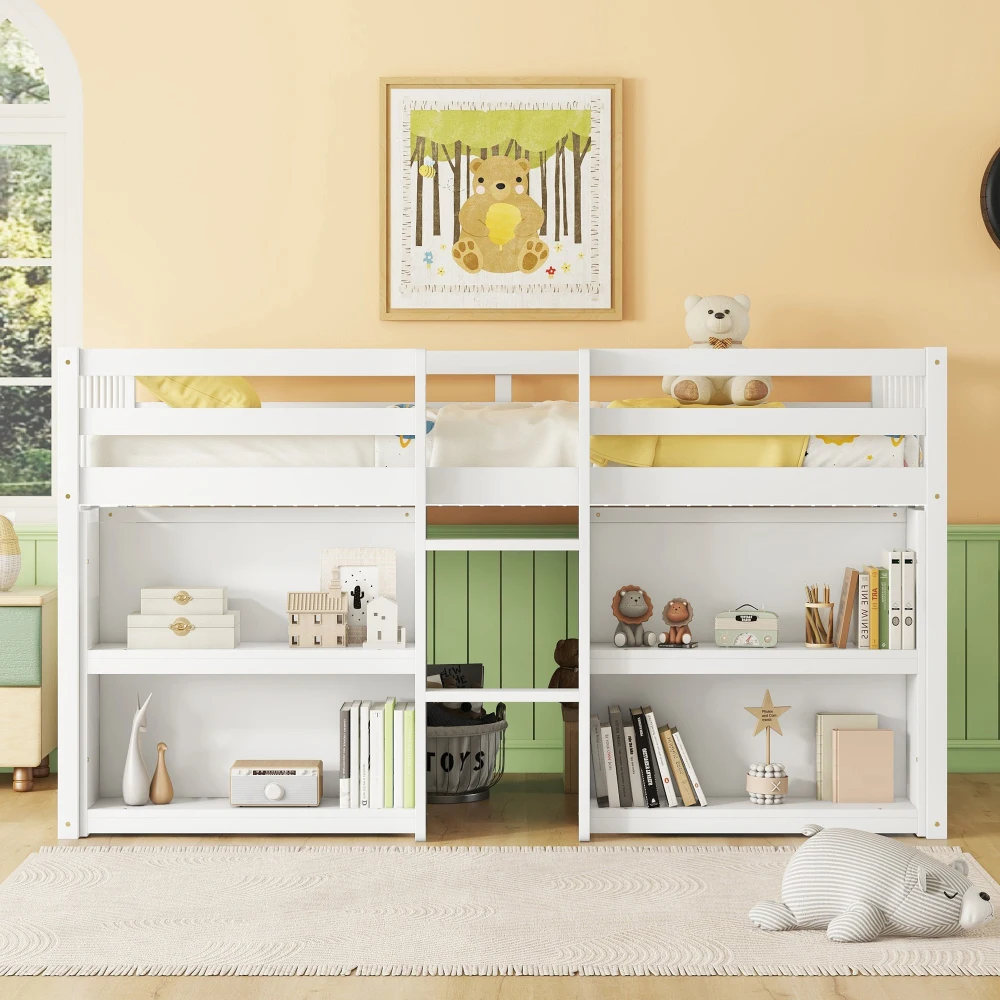 

Twin Size Kid Low Loft Bed With Two-Tier Shelves And LED Light For White Color