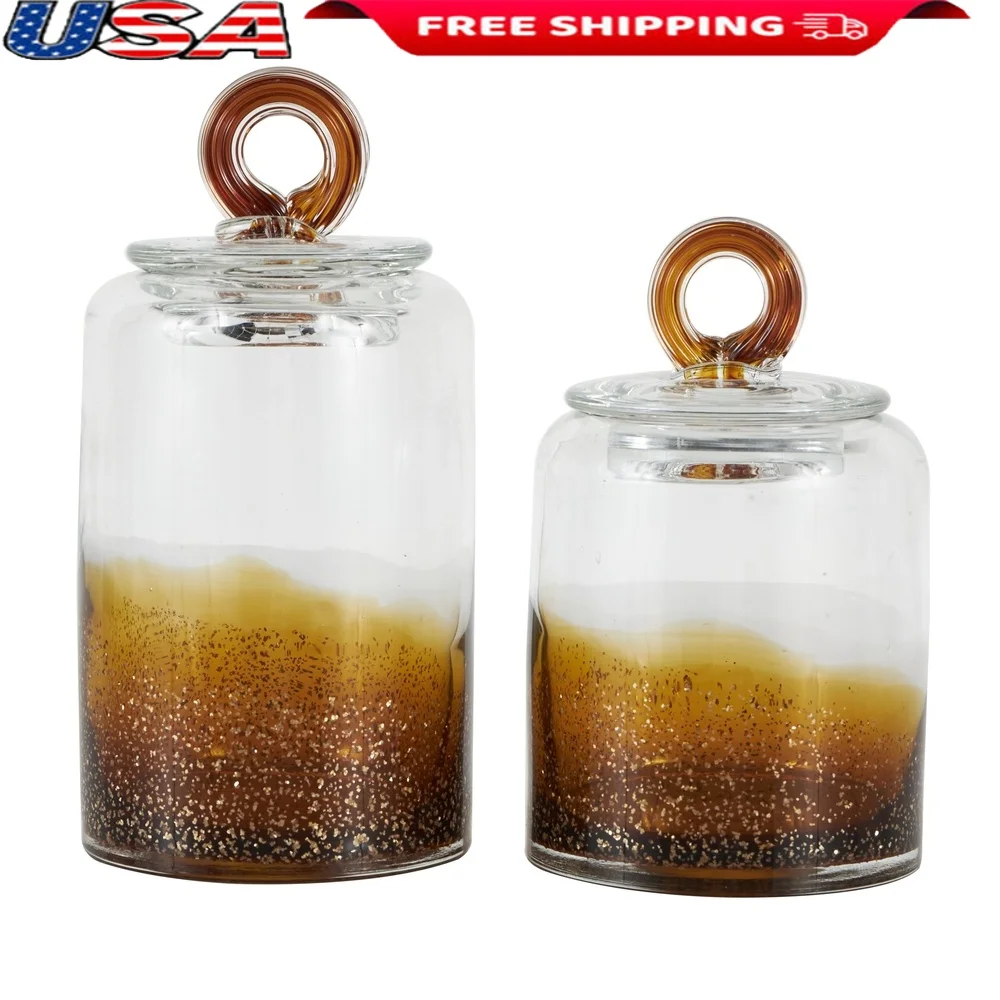 

Handmade Brown Glass Jars Decorative Cylindrical Shape with Gold Flake Ring Lids Indoor Accent Set of 2
