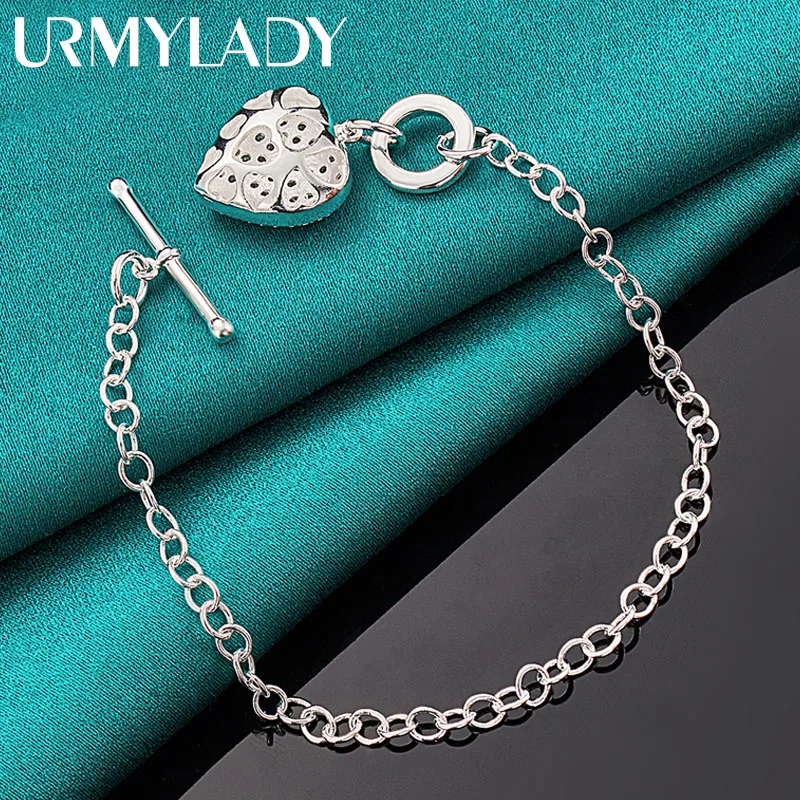 

URMYLADY 925 Sterling Silver Heart Zircon Pendant Bracelet For Women Wedding Party OT Chain Fashion Jewelry