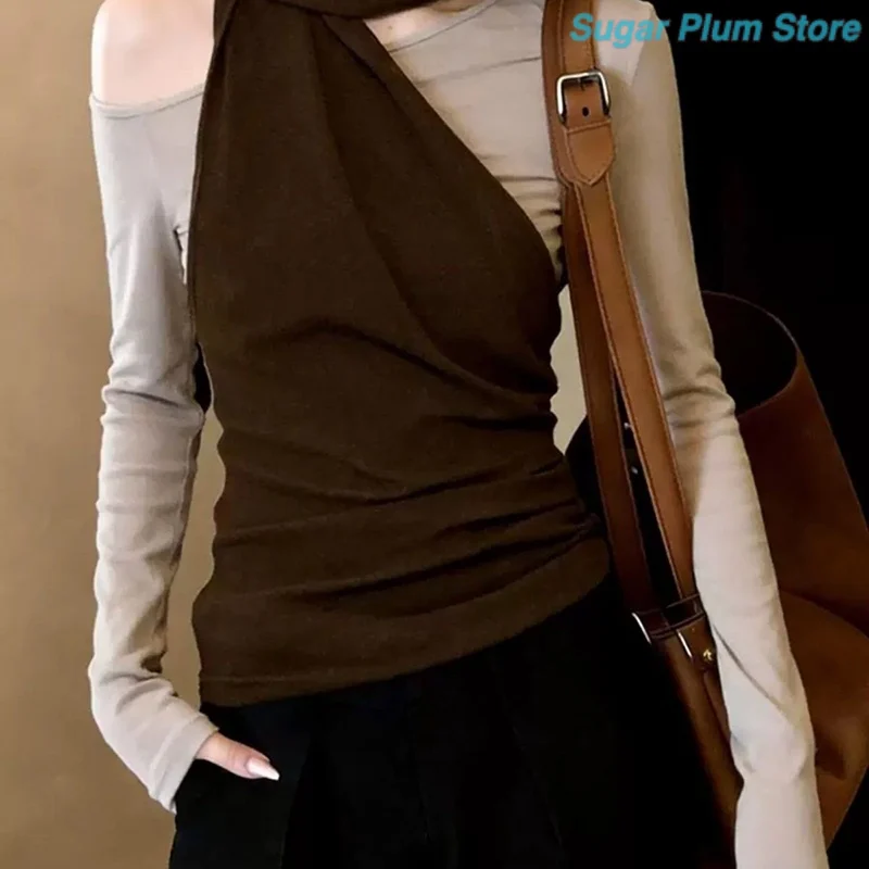 Minimalist wind girl early autumn new slim off-the-shoulder wrap neck oblique fold soft elastic commuter casual dating T-shirt
