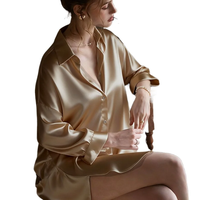 Hot-selling Thin Ice Silk Shirt Pajamas Women's Pure Desire Boyfriend Style Pajamas Solid Color High-end Long-sleeved Loungewear