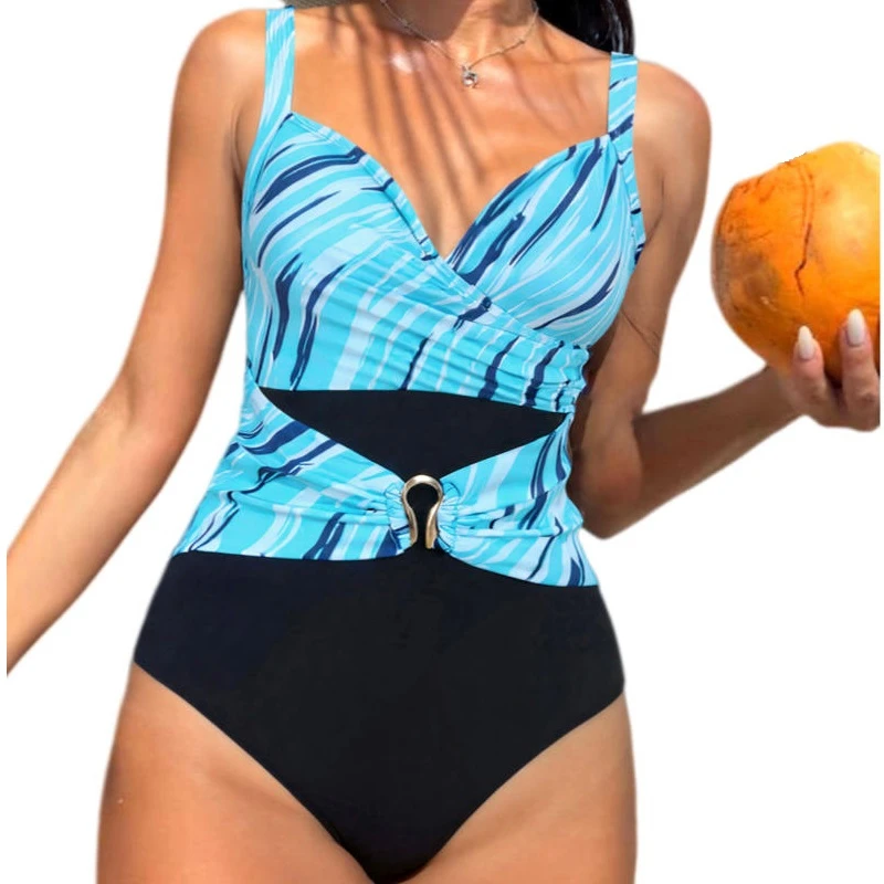 

2026 Striped Women's One-Piece Swimsuit V-Neck Swimwear Tank Beachwear Push Up Tummy Control Slimming Full Coverage Bathing Suit