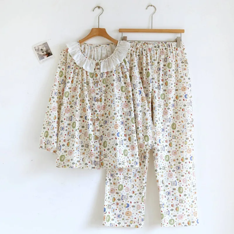 Women Pure Cotton Pajama Set Sweet Cute Ruffled Peter Pan Collar Cartoon Floral Print Loose Long Sleeve Home Wear Sleepwear