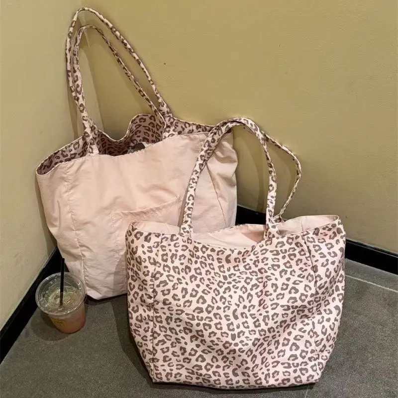 Pink Leopard Print Canvas Tote Bag Large Capacity Reusable Shoulder Handbag Shopping Bag Women Daily School Work Travel Bag image 6