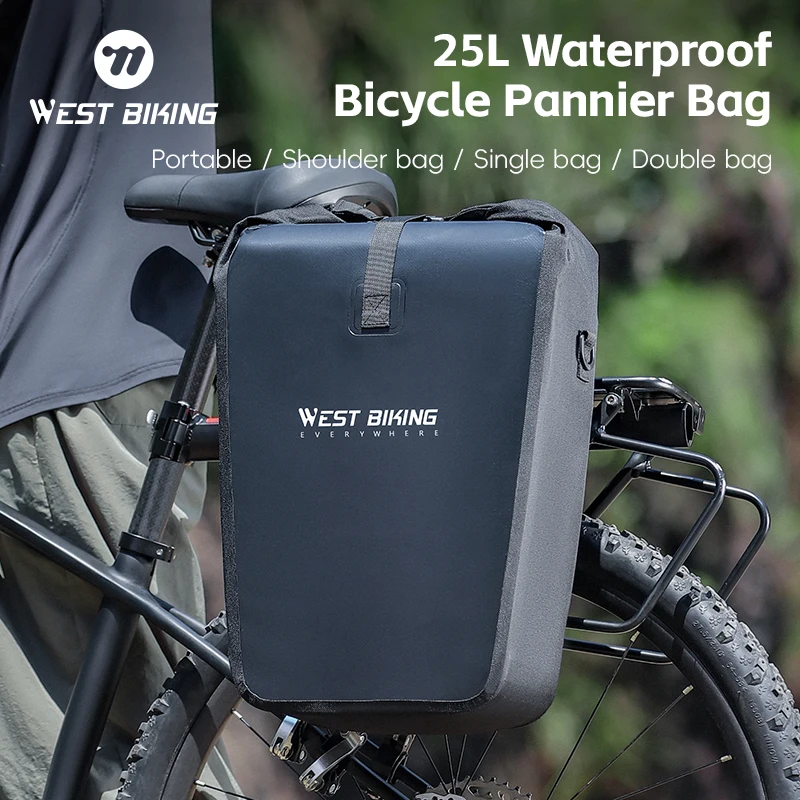 

WEST BIKING 25L Bicycle Pannier Full Waterproof Portable Bike Rack Bag Wear-resistant Reflective Long Traveling Cycling Bag