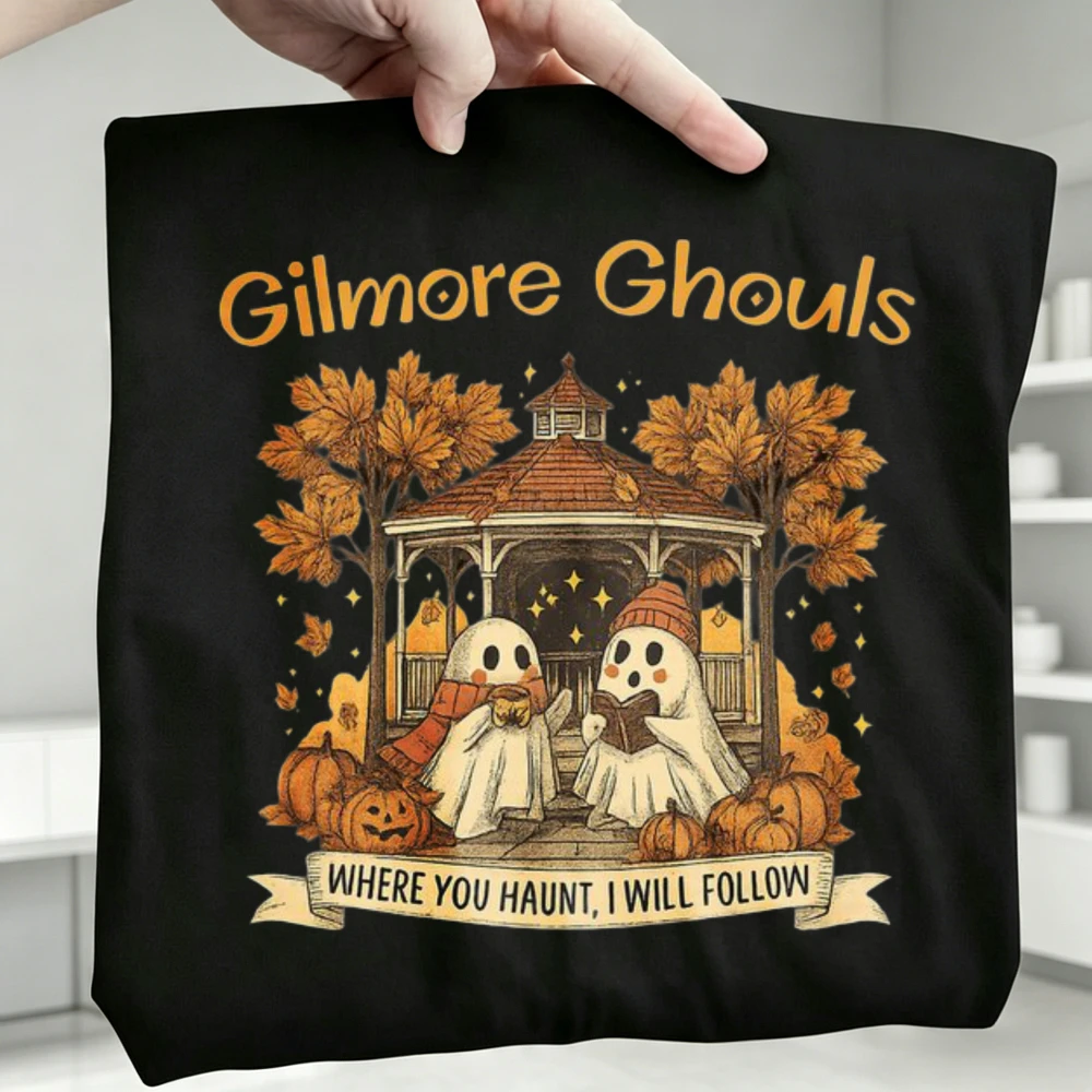 Cartoon Ghost Halloween Crew Neck T Shirt Funny Boo Autumn Leaves Tees Gilmore Ghouls Where You Haunt I Will Follow Graphic Tops