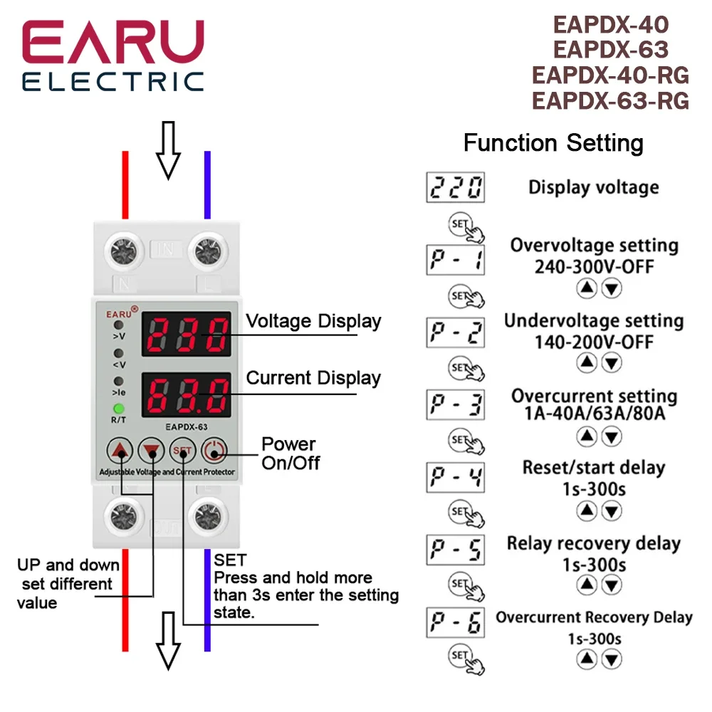 Din Rail Dual Display Adjustable Over Voltage Current and Under Voltage Protective Device Protector Relay 40A 63A 80A 220V 230V