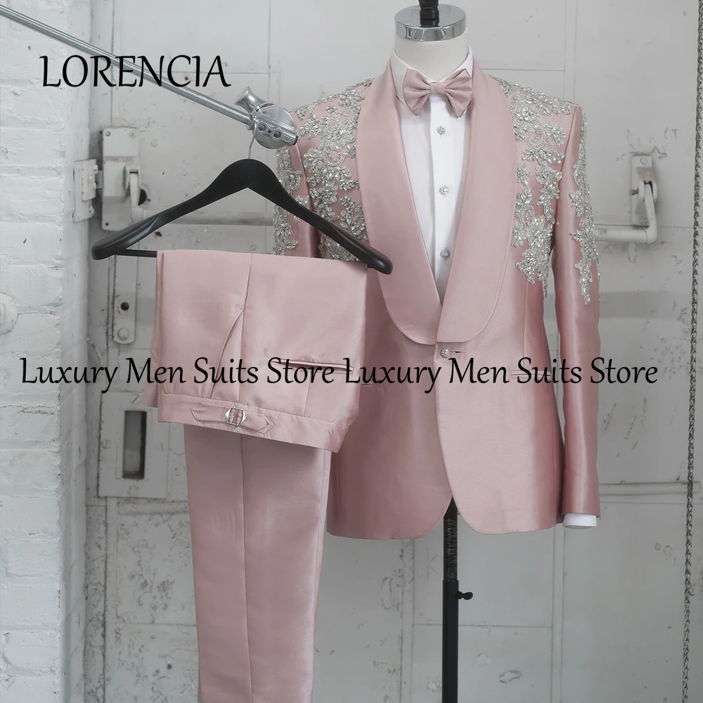 Slim Fit Crystal Suits for Male 2 Piece Sparkly Rhinestone Groom Tuxedos Wedding Wear Customized Blazer Pants roupas masculinas