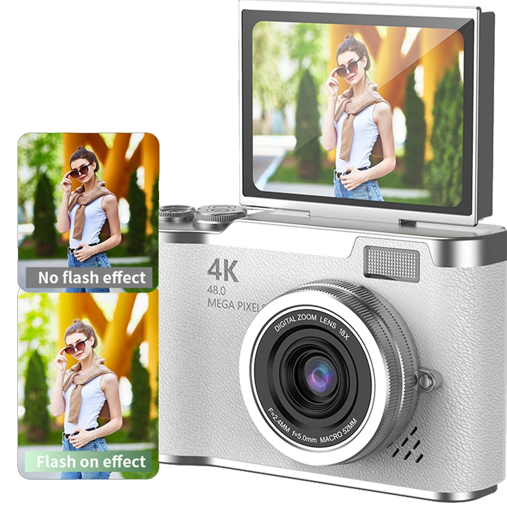 

Цифровая камера 4K, 48 МП, портативная CCD-камера, компактная маленькая камера с 8-кратным зумом, винтажная камера с откидным экраном 180 для подростков, взрослых, начинающих