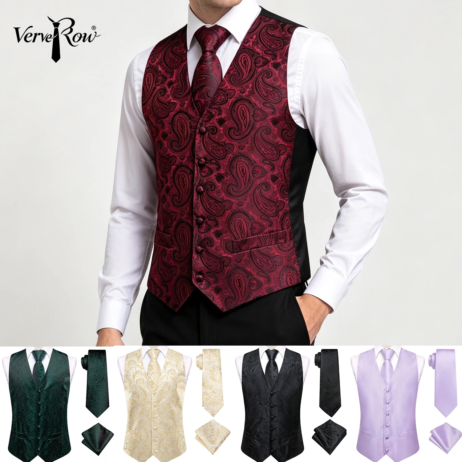 VerveRow Burgundy Paisley Men V Neck Waistcoat Set, Suit Vest Tie & Pocket Square 3PCS for Formal Occasion