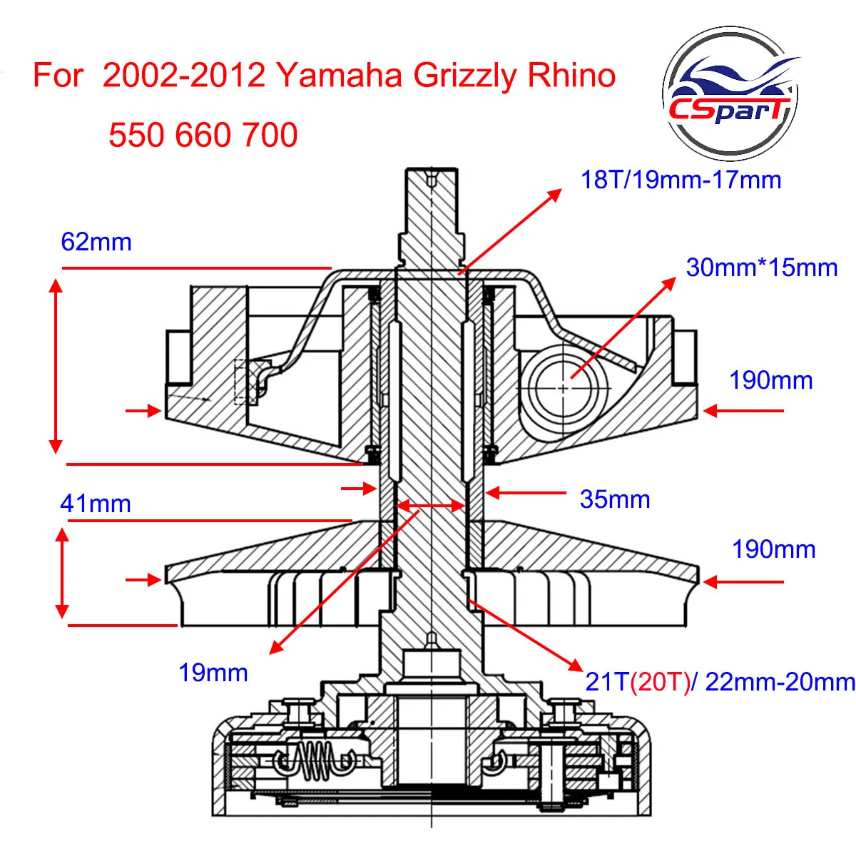 20T 21T Variator Clutch Assembly Kit for 2002-2012 Yamaha Grizzly Rhino 550 660 700 4x4