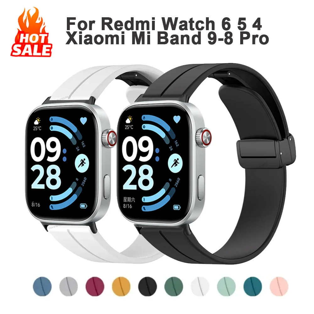 Magnetic D Folding Buckle Sports Silicone Band For Redmi Watch 6 5 4 Replacement Strap For Xiaomi Smart Band 9-8 PRO Bracelet