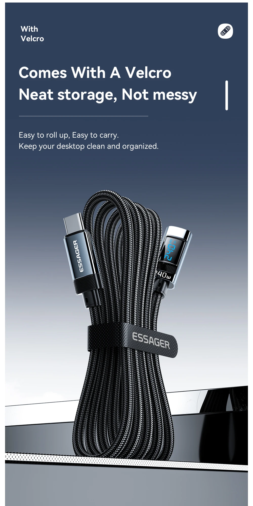 Essager 240W Typ-C-zu-Typ-C-Kabel 90-Grad-Winkel 5A Schnellladekabel Typ-C Digitalanzeigekabel für iPhone MacBook Pro Xiaomi – Detail 10