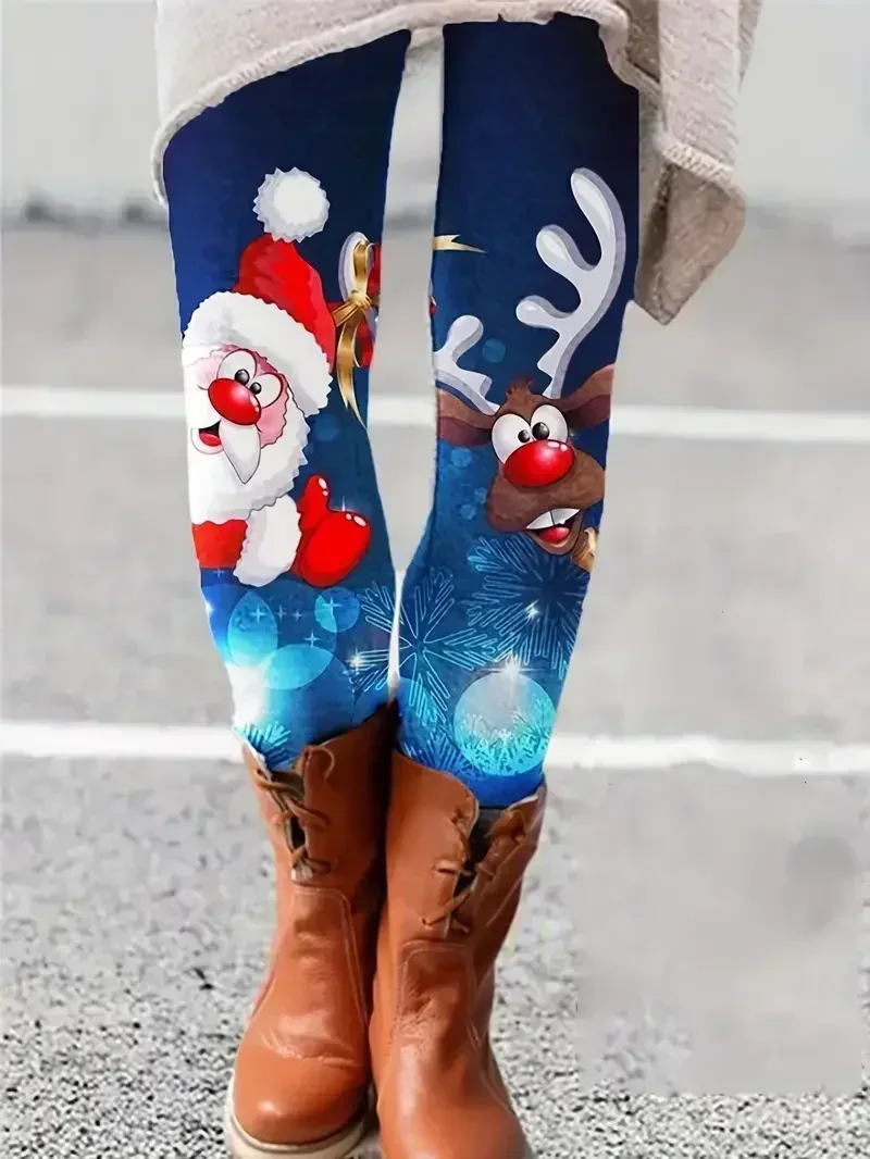 Women\'s Plus Size1XL-5XL Casual Christmas Leggings Ladies Santa Claus Reindeer Print Elastic High Rise Slight Stretch Leggings