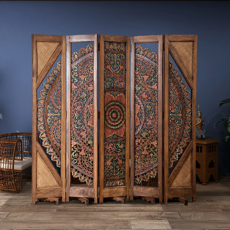 South East Asia style solid wood carving flower mobile folding screen living room entrance decorative partition retro single-sid