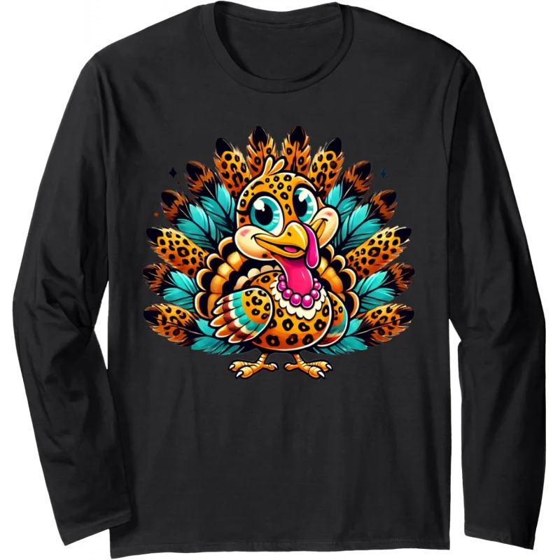 Thanksgiving long sleeved T-shirt with cute turkey pattern design black men's autumn and winter top