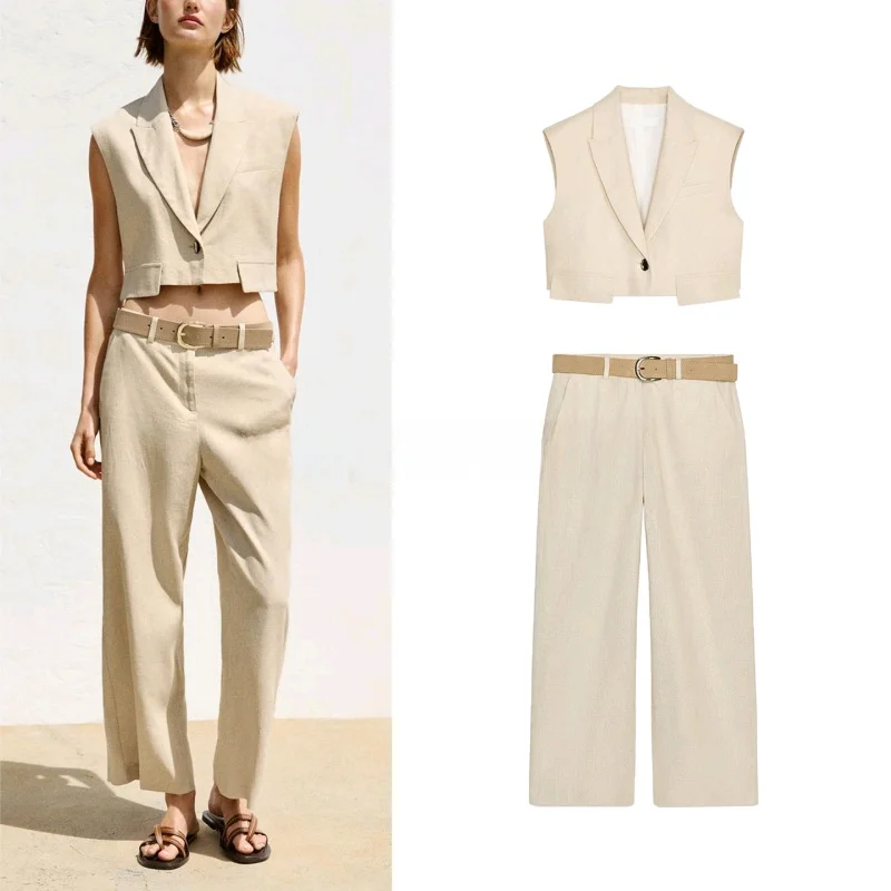 

High Waist Wide Leg Pants ort Sve irt Collar Vest Belted Linen Blend Two Piece Set Faionable Summer Outfit for Women