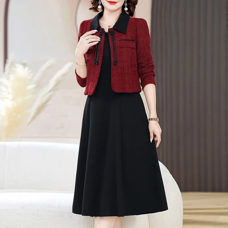 Autumn Winter Red Long Sleeve Midi Suit Dress Women Fashion Short jacket and vest dress Two Piece Dress Elegant Bodycon Dress