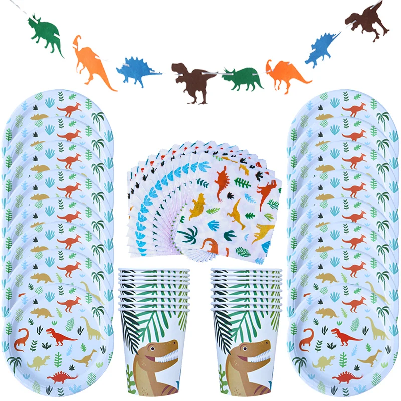 

Cartoon Dinosaur Disposable Tableware Set Dinosaur Theme Birthday Party Decoration Jungle Safari Plate Cup Baby Shower Supplies