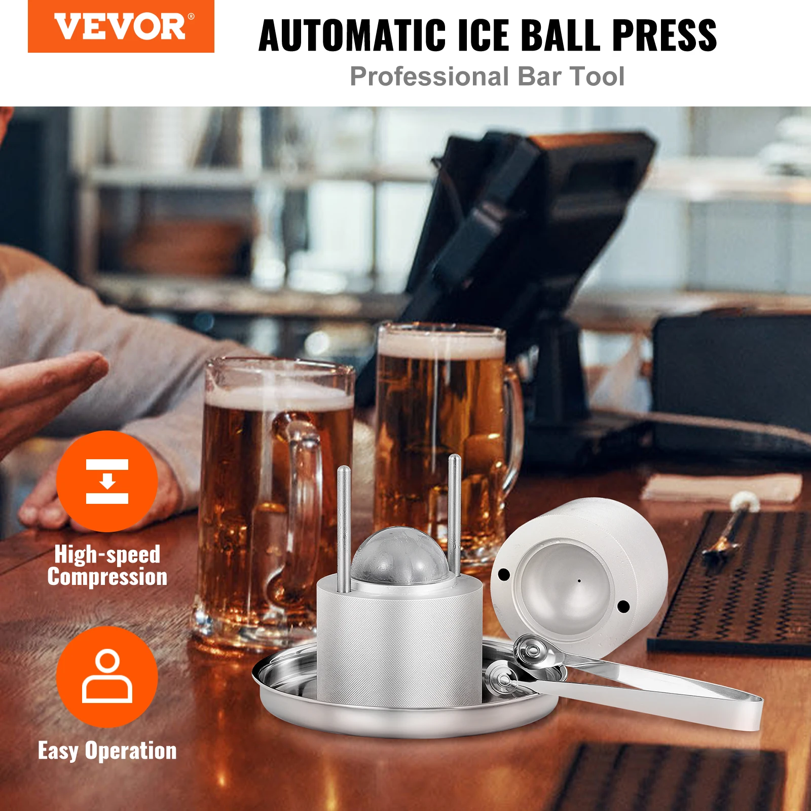 VEVOR 60mm Ice Ball Press Maker Spherical Whiskey Tray Mould Bubble-Free Making Mold DIY Crystal Ice Ball Box for Bar Cocktail