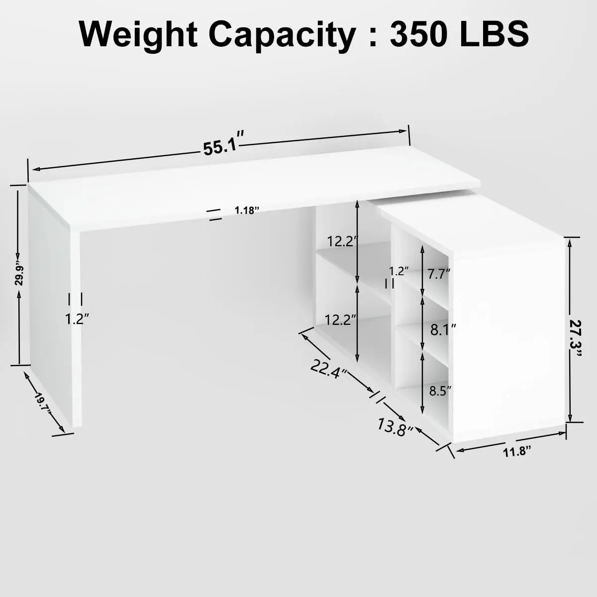 White L-Shaped Desk With Storage, Home Office Workstation, 55 Inch, Customized