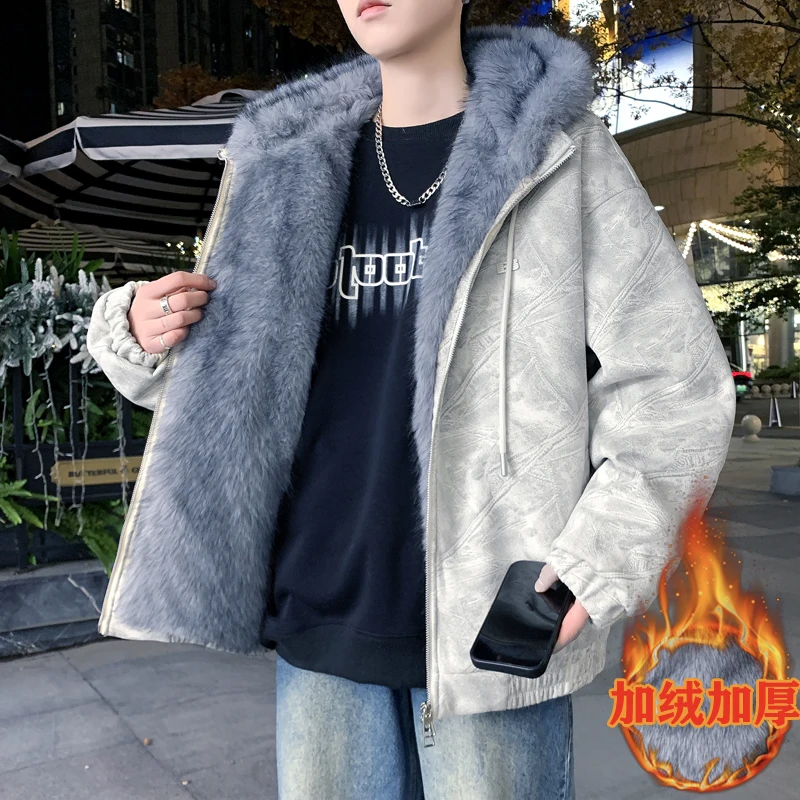 

High Quality Fleece And Thicken Hooded Jackets Winter Men's Warm Top Coats Youth Outwear Windproof Velvet Padded Parkas Clothing