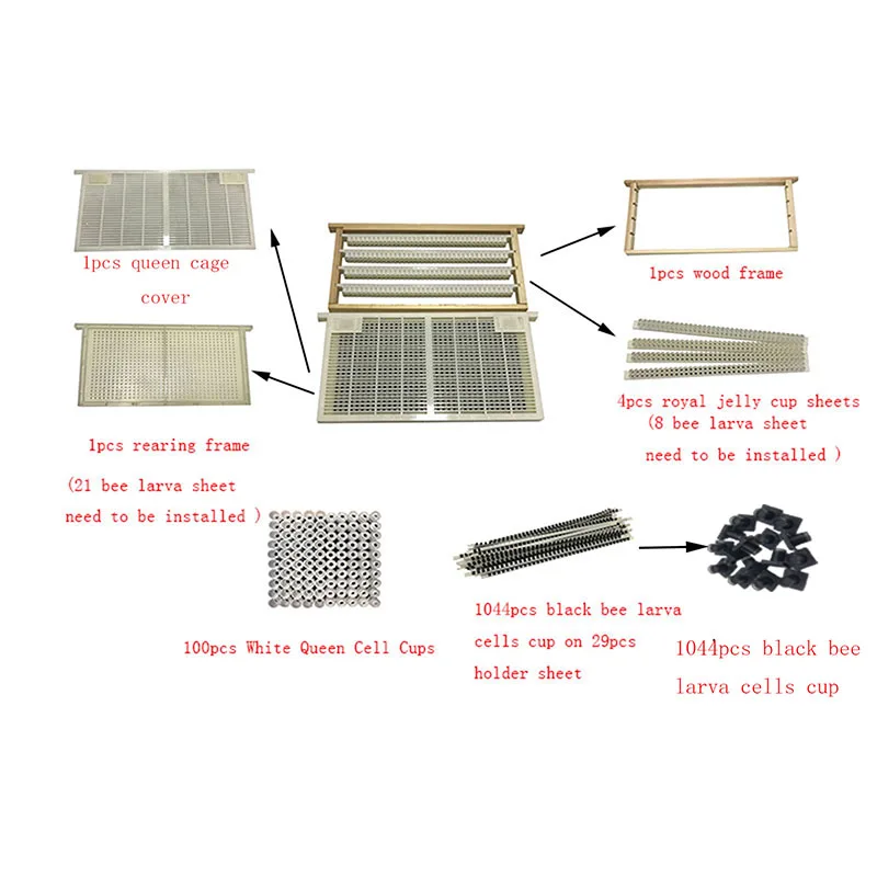 Bee Queen Rearing Kit Wooden Frame Plastic Larvae Cell Sheets Cell Caps Protective Cage Beekeeping Apiary Breeding Supplies