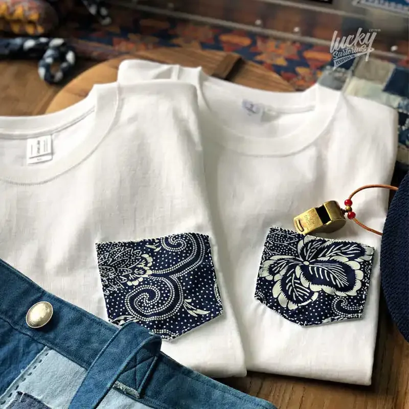 New Blue Dyed Ethnic Style Pocket Patch Embroidered White Round Neck Short Sleeved T Seamless