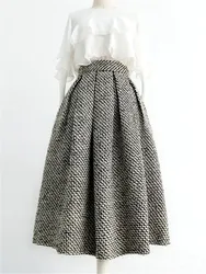 Fashion Houndstooth Woven Tweed Skirt With Pocket Winter Women Korean Vintage Thickened High Waist Pleated A-Line Skirts Faldas