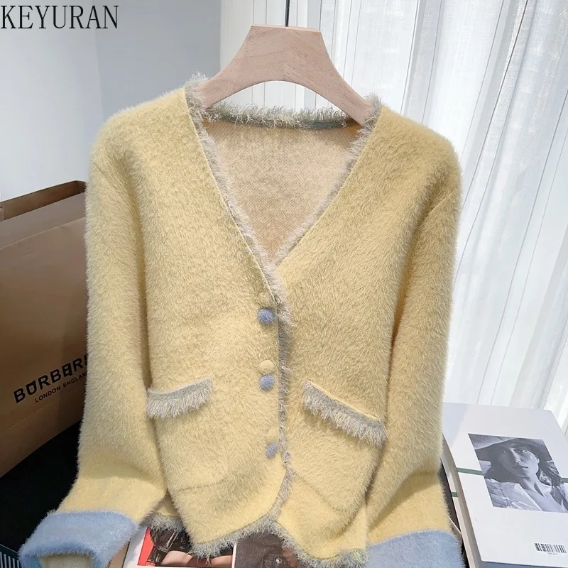 黄色のルーズセータージャケット女性のための秋冬韓国 V ネック長袖ミンクファーニットカーディガンコートアウタートップス