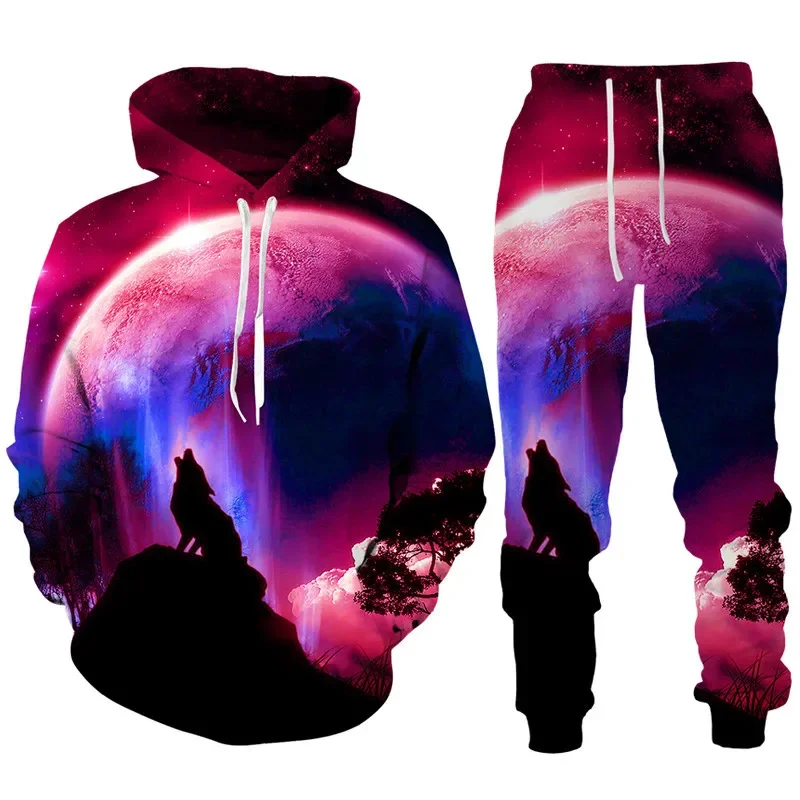 3D Print Hoodies Suit Man Dazzle Wolf Hip Hop Streetwear Hoodie And Pants 2pcs Sets Hip Hop Streetwear Oversized Casual Pullover