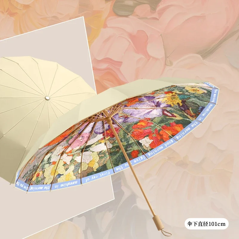 Color Coating Folding Umbrella for Women, Oil Painting Sunscreen UV Protection, Retro Sunny and Rainy Umbrellas Sunshade Parasol