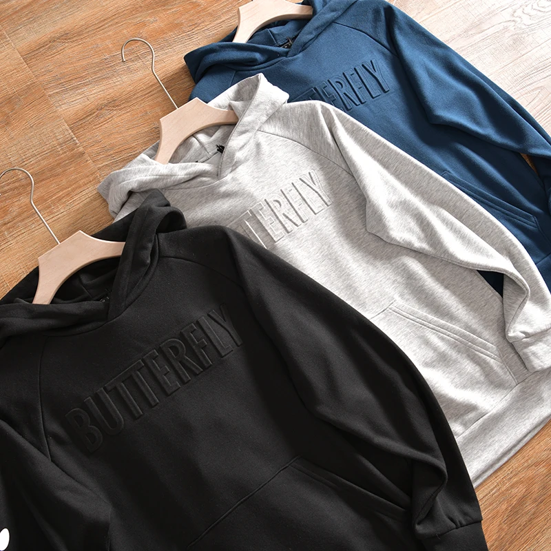 3D Relief Embossed Hoodie Sweatshirt Men's American Casual Style Autumn Winter Trendy Loose Fit Youthful Popular Pure Color