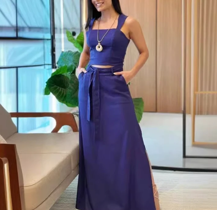 

Women Elegant Style Suits 2024 Spring/summer Latest Urban Solid Color Open Navel Sliveless Top High Waist Half Length Skirt Set