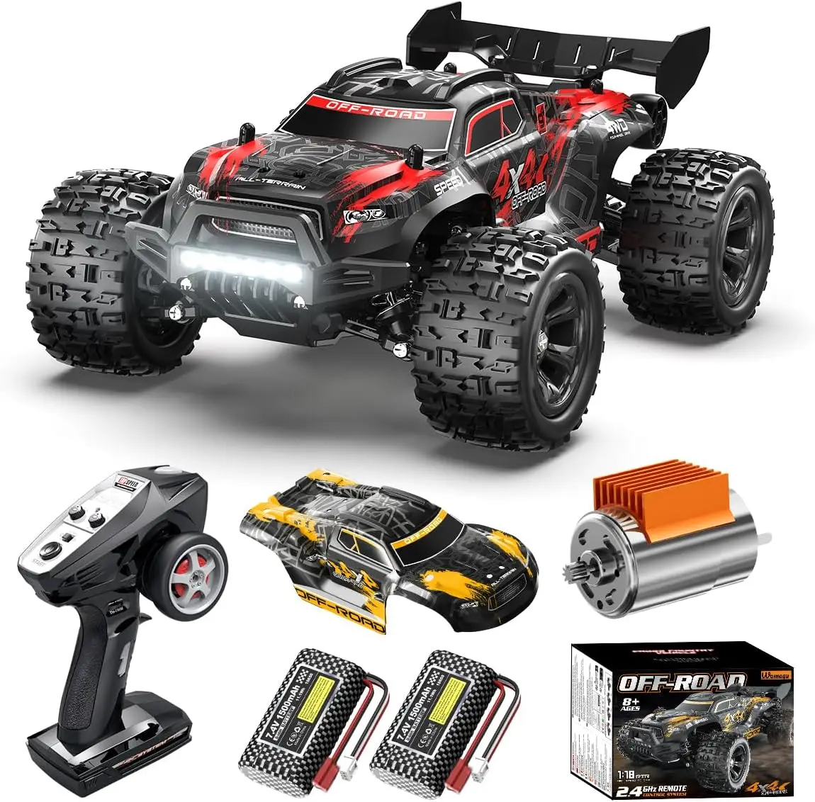 All-Terrain 4WD Remote Control Monster Truck, 1:18 Scale High Speed RC Car 36 km/h, Electric Off-Road Vehicle with 2.4GHz Racing Car, Two 7.4V 1500mAh Rechargeable Batteries, for Boys & Adults