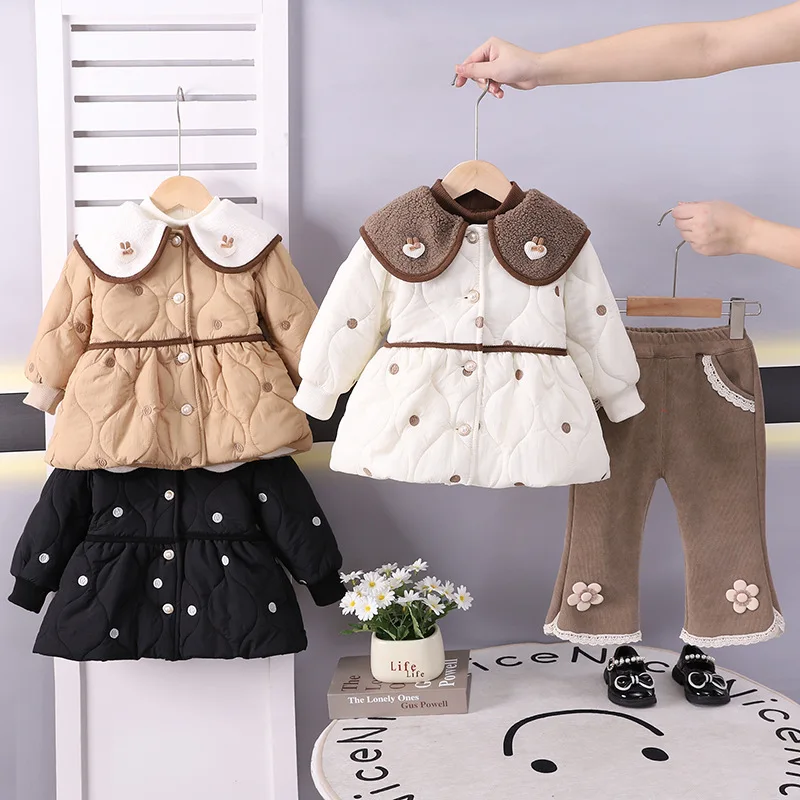 

Girls Thick Clothing Sets Winter 2025 Children Warm Velvet Coats Pants 2pcs Princess Suit For Baby Cute Outfits Kids Costume 5Y