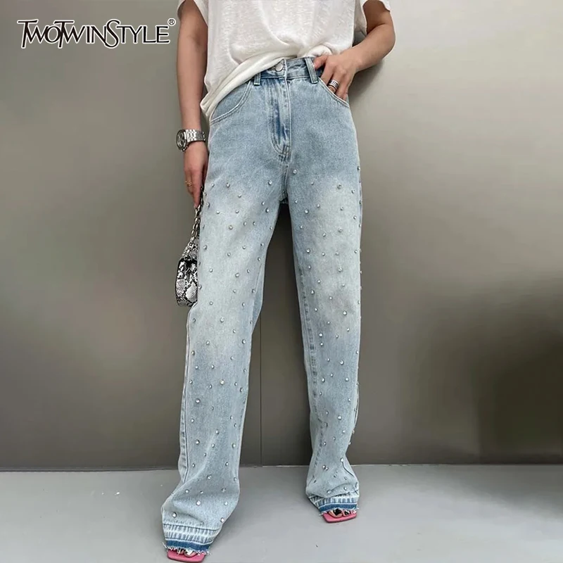 TWOTWINSTYLE Vintage Spliced Button Jeans For Women High Waist Patchwork Diamonds Temperament Wide Leg Denim Pant Female Clothes