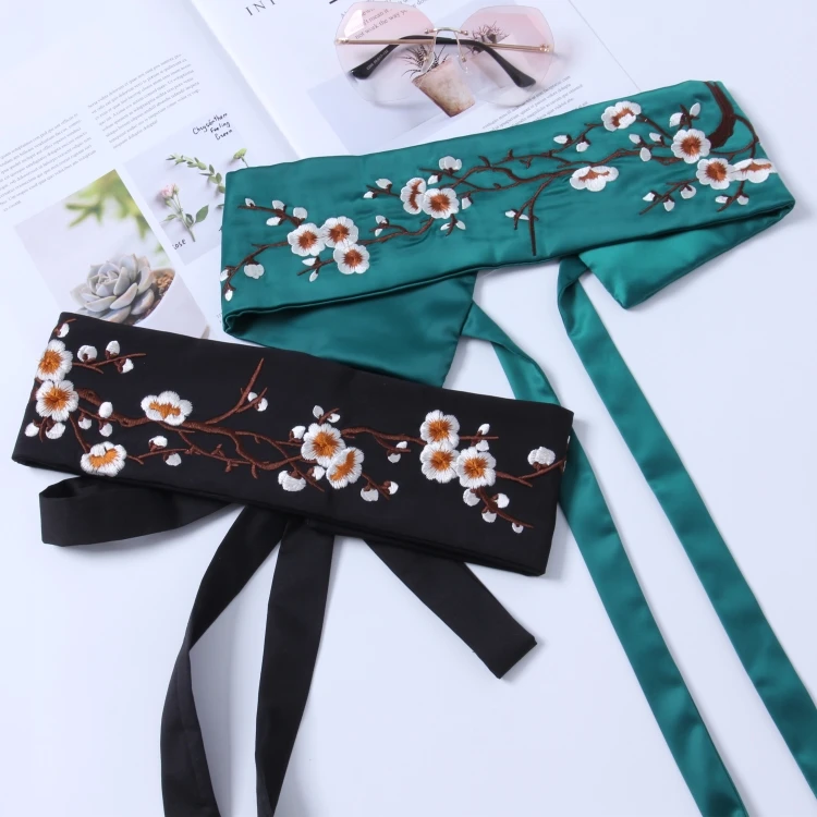 Embroidered Girdle Women's Wide Belt Decoration Fashion All-match Ancient Ethnic Style Green With Skirt Straps