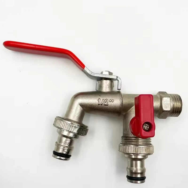 Double Head Outdoor Garden Water Faucet 1 Inlet 2 Outlet Brass Faucet Splitter with Dual Nipple and Outdoor Balcony Faucet