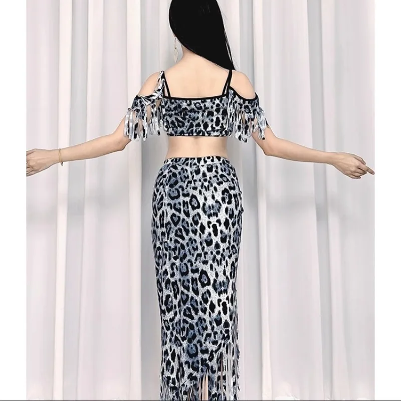 customized belly dance practice outfit handmade shredded tassel split set inspired fusion wind gray leopard print diagonal skirt