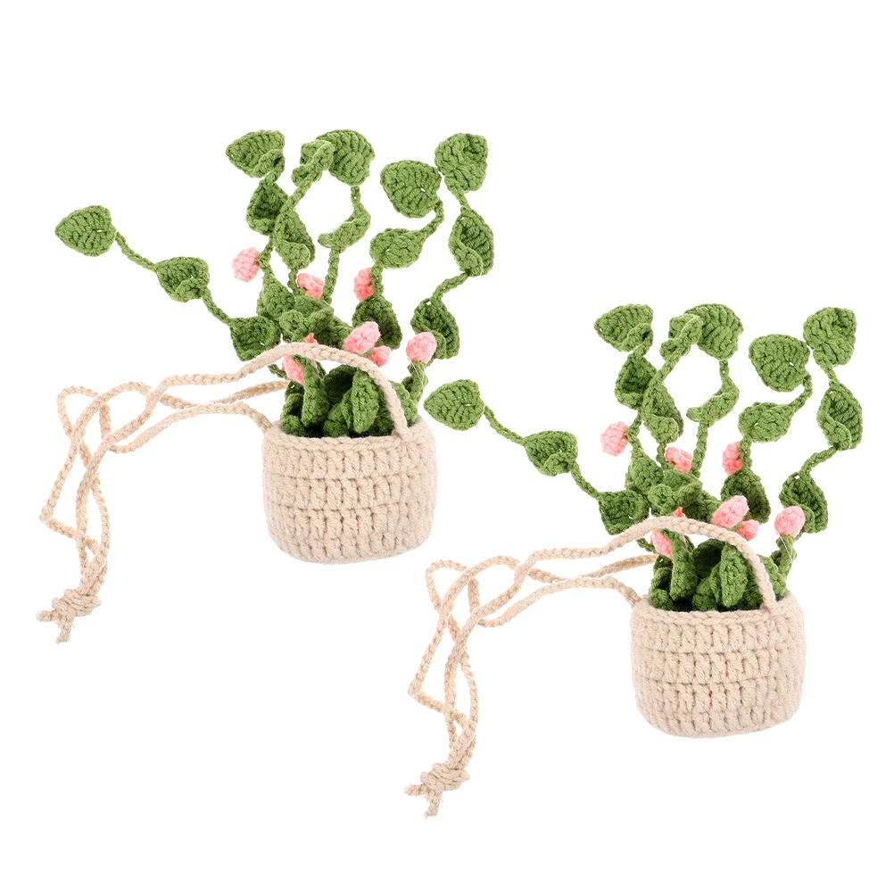 

2Pcs Handmade Crochet Potted Plant Car Ornament Hanging Decor for Rear View Mirror Boho Interior Aesthetic Knitted Plant Charm